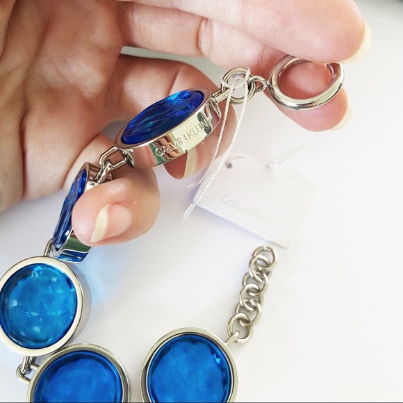 NWT Calvin Klein silver and cobalt blue glass round station bracelet MSRP $199 - Picture 7 of 9